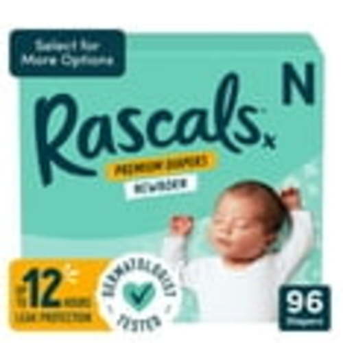 Rascals Premium Newborn Absorbent Baby Diapers Newborn, 96 Count (Select for More Options)