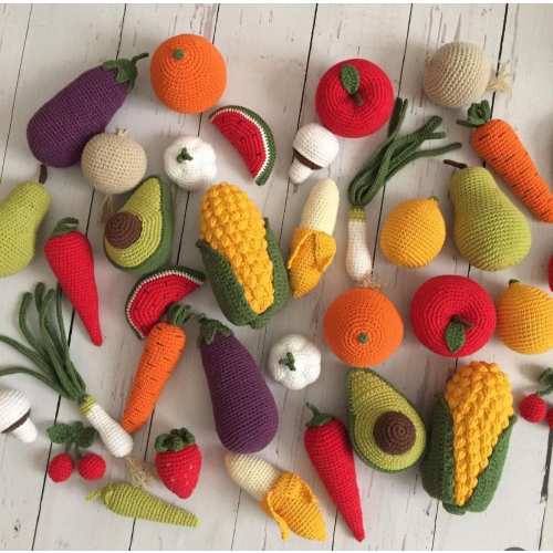 Crochet Pretend Foods, Crochet Fruits and Vegetables, 18 Piece Handmade Food Play
