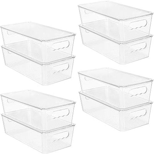 Vtopmart 8pcs Clear Organizers and Storage Bins with Lids, Stackable Plastic Storage Containers with Handles for Fridge, Freezer, Pantry, Cabinet, Kitchen Organization