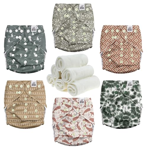 Mama Koala 3.0 Pocket Cloth Diapers for Babies with Suede Cloth Lining, 6 Pack with 6 4-Layer Natural Cloth Diaper Inserts - Reusable and Washable Pocket Diapers (S-Calm Spring)