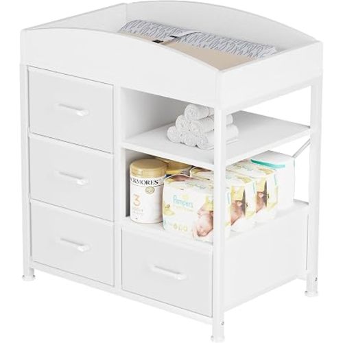 Homeiju Baby Changing Table with 4 Drawers and 2 Shelves - Baby Dresser with Changing Table Top Diaper Changing Station with Storage for Nursery Modern, White