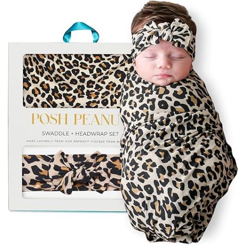 Posh Peanut Swaddle Blanket & Headband Set – Viscose from Bamboo Stretchy Baby Swaddle for Newborn Girls, Receiving Blanket or Nursing Cover