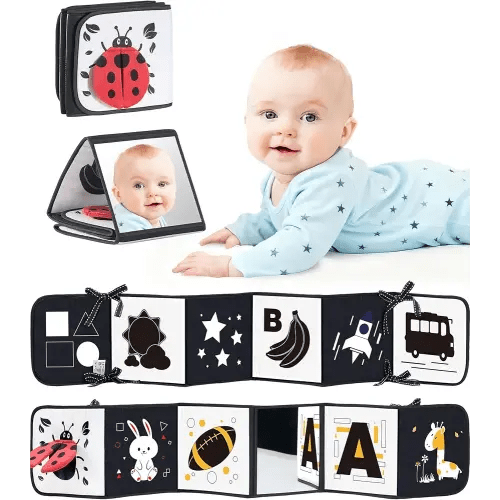 High Contrast Black and White Baby Toys for Newborn 0-6 Months – Contrast Cards & Sensory Baby Book with Mirror – Tummy Time Infant Toys for Visual Stimulation, Early Learning & Brain Development