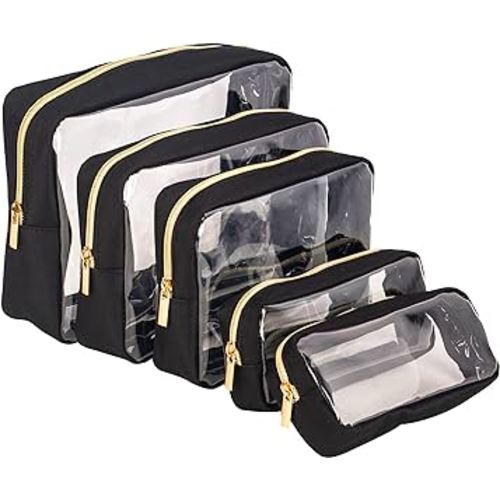 TSA Approved 5-Piece Diaper Bag Organizer Pouch Set Clear Waterproof TPU Kids Toiletry Storage Set Travel Packing Clutch Cube Bags for Baby Nursing (Black)
