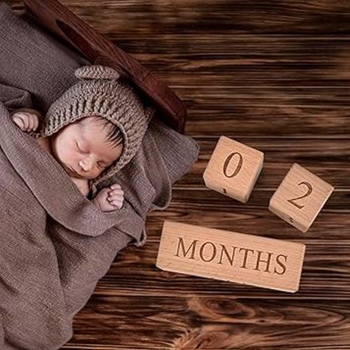 Baby Monthly Milestone Blocks - Handcrafted Wooden Number Blocks for Milestones - Days, Weeks, Months, Years - Ideal for Newborn Photos & First Year Memories
