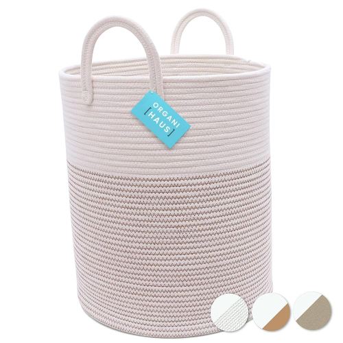 OrganiHaus White Baby Hamper Basket 15x18 | Toy Basket Storage for Kids | Large Woven Baskets for Storage | Round Laundry Basket | Blanket Holder for Bedroom | Boho Blanket Basket for Living Room