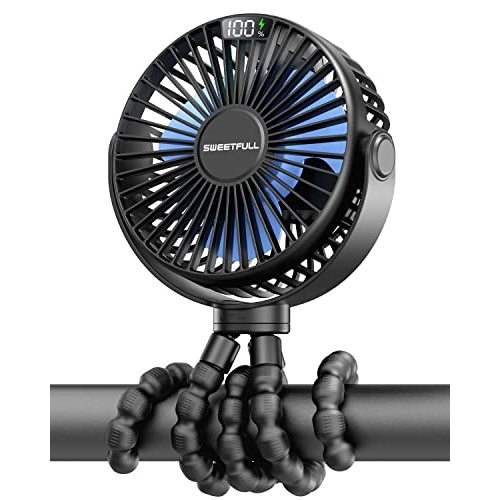 SWEETFULL Portable Stroller Fan, LED Display 6000mAh Battery Operated Mini Clip Fan, 4 Speed Rechargeable Small Personal Fan Handheld Desk Cooling Fan For Car Seat Crib Treadmill Travel(Black)