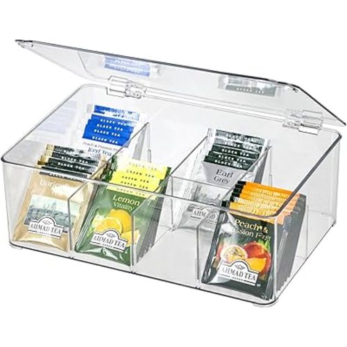 Clear Tea Bag Organizer, Dresser Organizers Drawer Organzier Storage Container with Removable Dividers, Plastic Storage Bin with Lid, Storage Organizer for Scarves Ties Bras