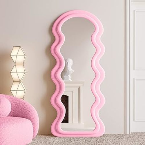 BOJOY Full Length Mirror 63"x24", Irregular Wavy Mirror, Wave Arched Floor Mirror, Wall Mirror Standing Hanging or Leaning Against Wall for Bedroom, Flannel Wrapped Wooden Frame Mirror-Pink