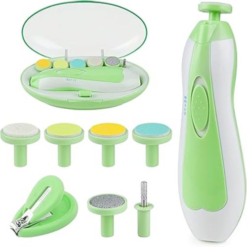 OTTOLIVES Baby Nail Trimmer Electric Newborn Toddler, Safe Baby Nail Clippers Set with Light and 6 Replacement Heads, Baby Nail File Trim Polish Toes Fingernails Care Infant Essentials(Green) - Green(8 Piece Set)