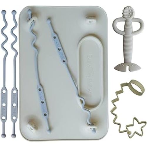 Busy Baby Bundle - Silicone Placemat with Suction Cups, Bottle Bungee, and Teething Spoon - Safe, Durable, and Convenient Baby Essentials for Feeding, Playtime, and Teething Relief