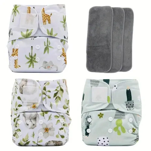 3 pcs Hook and Loop Fasteners Design Baby Reusable Cloth Diapers with 3 Microfier Inserts (Animals Prints)