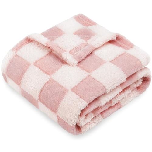 HOMRITAR Baby Blanket for Girls 3D Checkered Fleece Fluffy Fuzzy Checkerboard Grid Warmer Shaggy Soft Cozy Fuzzy Bed Blanket for Toddler, Newborn or Infant Pink 30 x 40 Inch