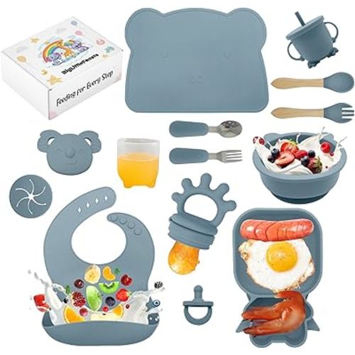 Silicone Baby Feeding Set - 14pcs, Blue, Modern Style, Baby Plate, Suction Plates for Baby & Toddlers