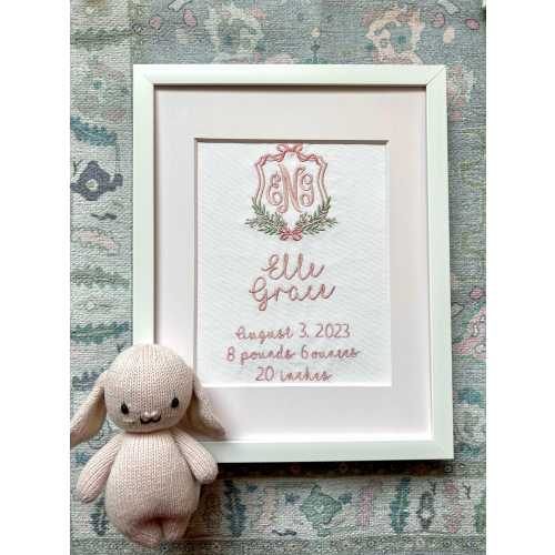 Custom Embroidered Nursery Wall Decor Monogram Bow / Personalized Baby Name / New Mom Gift Idea / Unique Keepsake / Birth Announcement Art