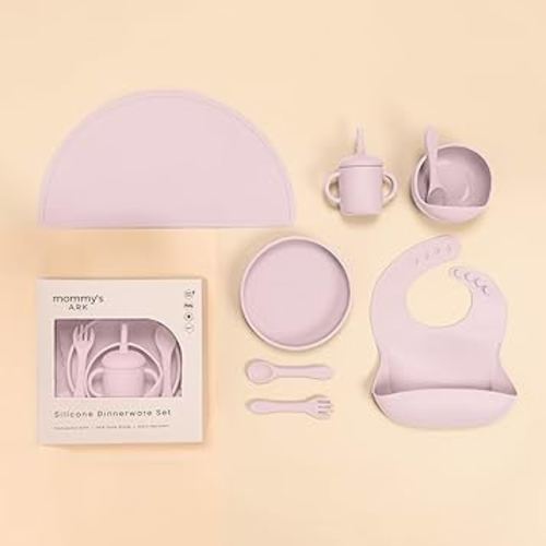 Mommy's Ark 10-Piece Dinnerware Set: Food-Grade Essentials! Dishwasher-Safe Convenience: Bowl & Spoon Set™, Silicone Plate, Catch-All™ Bib, Fork + Spoon Set, Spill-Proof Sippy Cup, Non-Slip Place Mat