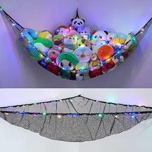 Stuffed Animals Net or Hammock Kids Toy Storage Organizer with LED Light Unicorn Castle Hanging Corner Stuffed Animals Holder Kids Girls Room Decor