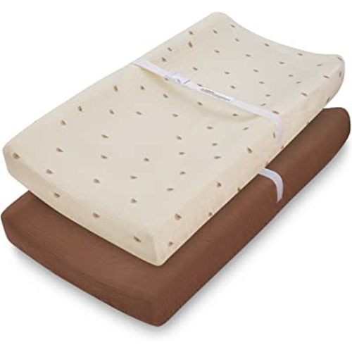 Muslin Changing Pad Cover for Baby Girls Boys, Cotton Natural Comfort Diaper Change Table Pad Covers, Ultra Soft Breathable Boho Changing Pad Sheets, 2Pack (Sunshine & Brown)