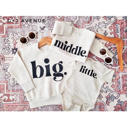 Big Middle Little Sweatshirts or Bodysuit | Three Siblings Bodysuit & Crewneck | 3rd Baby Announcement