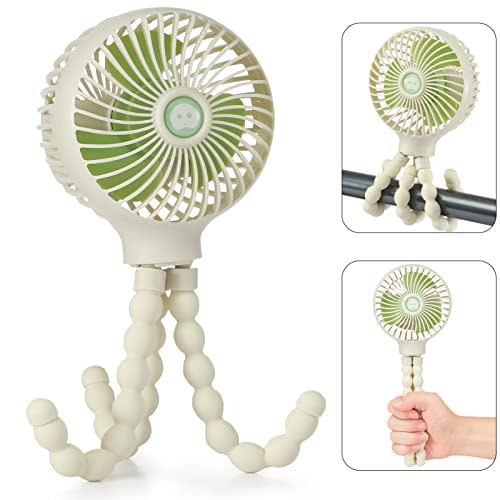 snawowo Mini Handheld Personal Portable Fan, Baby Stroller Fan, Car Seat Fan, USB or Battery Powered, with Flexible Tripod Clip on Student Bed Desk Bike Crib Treadmill Camping Traveling(Beige)