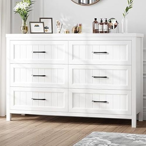 Farmhouse Dresser 6 Drawer Dresser for Bedroom, Large Wooden Dressers Double Grey Dresser with Deep Drawers Dressers for Hallway, Entryway (White)