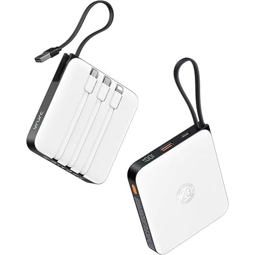 VRURC Portable Charger for iPhone, 20000mAh Power Bank PD20W with Built-in Cables, Fast Charging USB C Battery Pack, Travel Essentials, for iPhone 15 Samsung Galaxy Google LG Phone, White