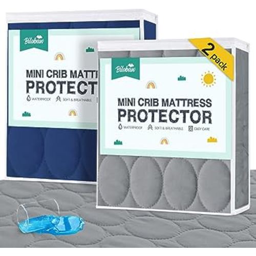 Mini Crib Mattress Protector Sheets Waterproof 2 Pack, Quilted Pack and Play Mattress Pad Cover Fits for Baby Mini Crib/Playen/Pack and Play Mattress, Grey & Navy, 38"x24"
