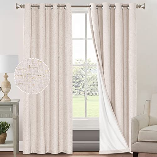 Primitive Textured Linen 100% Blackout Curtains for Bedroom/Living Room Energy Saving Window Treatment Curtain Drapes, Burlap Fabric with White Thermal Insulated Liner (2 Panels, 52 x 84 in, Natural)