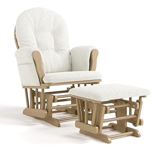 Storkcraft Premium Hoop Glider & Ottoman - GREENGUARD Gold Certified, Solid Wood Craftsmanship, Convenient Storage Pockets, Nursery Rocking Chair, Multi-Award-Winning (Driftwood and Ivory Boucle)