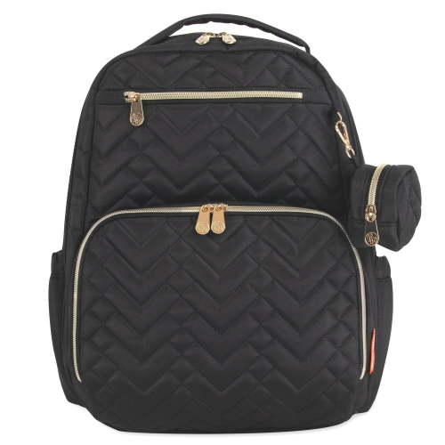 Fisher-Price Morgan Chevron Quilted Multi-Pocket Diaper Bag Backpack with 6-Ply Matching Changing Pad, Insulated Bottle Pocket, Tablet Pocket, Stroller Straps and Paci Pouch in Black, 12 pockets