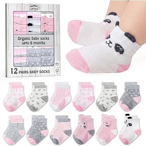 Mother's Choice Organic Cotton Baby Socks 0–6 Months, 12 Pairs Newborn & Infant Socks Soft Hypoallergenic Breathable Gentle On Delicate Skin Stretch Fit Comfortable Daily Essentials For Little Ones