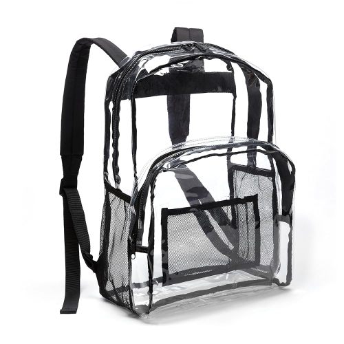 Amazon Basics Transparent School Backpack, With Water-Resistant PVC Plastic Material and Ruggedly Reinforced Shoulder Straps, Clear