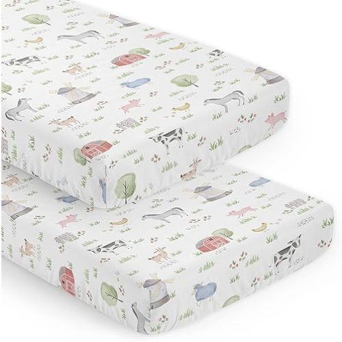 Sweet Jojo Designs Farm Animals Boy Girl Baby Fitted Crib Sheet Set Infant Newborn Nursery Toddler Bed Room Standard Mattress 2pc Gender neutral Watercolor Farmhouse Barn Horse Pig Cow Black and White