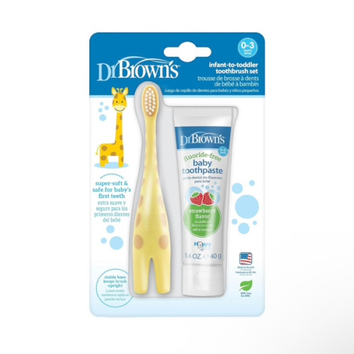 Dr. Brown's Infant-to-Toddler Training Toothbrush Set with Fluoride-Free Baby Toothpaste, Strawberry - Giraffe - 1.4oz - 0-3 years