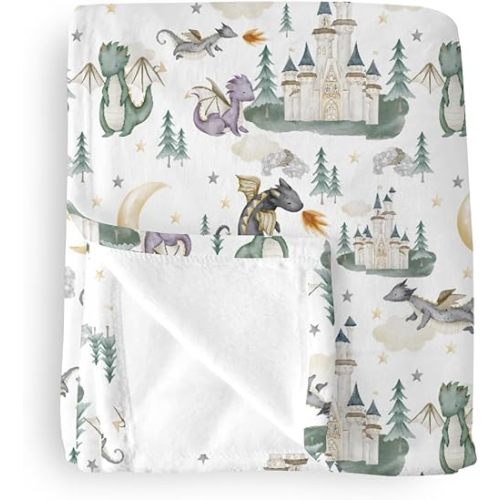 Baby Boy Girl Blankets Dragon Tale Castle, Watercolor Green Moon Clouds Stars Tree Soft Lightweight Nursery Receiving Swaddle, Flannel Newborn Infant Toddler Crib Bedding Kids Gift 30 x 40