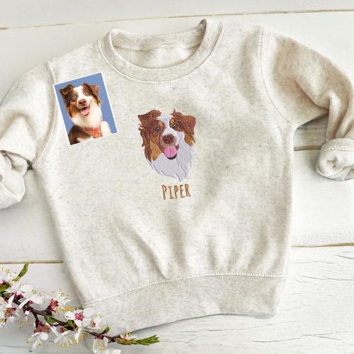 Embroidered Pet Name and Face Kids Sweatshirt | Custom Pet Embroidered Sweatshirt | Custom Toddler Sweater Dog | Birthday Gift for Kids