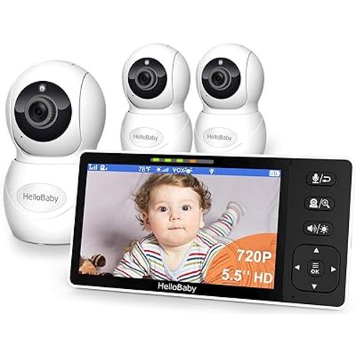 HelloBaby 720P 5.5'' HD Baby Monitor + 2 1080P Infant Cameras, Split Screen, No WiFi, Video Baby Monitor with 3 Cameras, Remote Pan Tilt Zoom Wide View Range, Night Light, Hack Proof, 4000mAh Battery