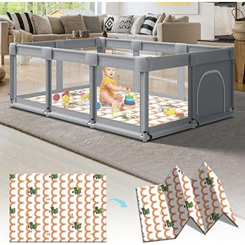 Fshibila Large Baby Playpen with Mat, 74‘’×50‘’×27‘’ Baby Playpen for Babies and Toddlers, Baby Fence Play Pen for Indoor & Outdoor, Sturdy Safety Play Yard with Soft Breathable Mesh, Grey