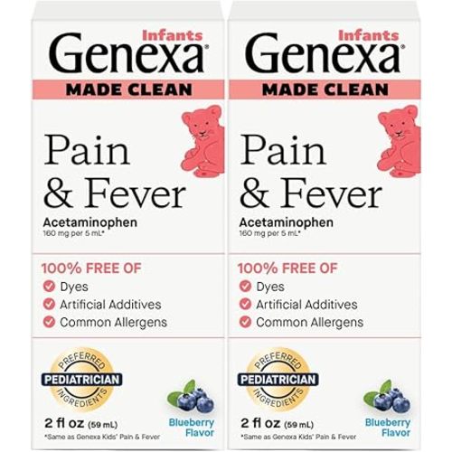 Genexa Infants' Clean Acetaminophen | Pain Reliever & Fever Reducer | Dye Free, 0% Artificial Additives | Baby Sick Essentials & Infant Medicine | Delicious Organic Blueberry Flavor, 4 fl oz (2 Pack)