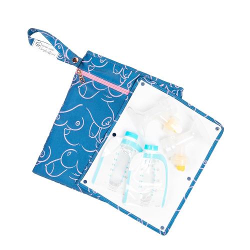 Sarah Wells Pumparoo Wet Dry Bag for Breast Pump Parts – Compact Organizer with Waterproof Pocket, Staging Mat & Fridge Hack – Machine Washable Pumping Accessory (Blue Pattern)