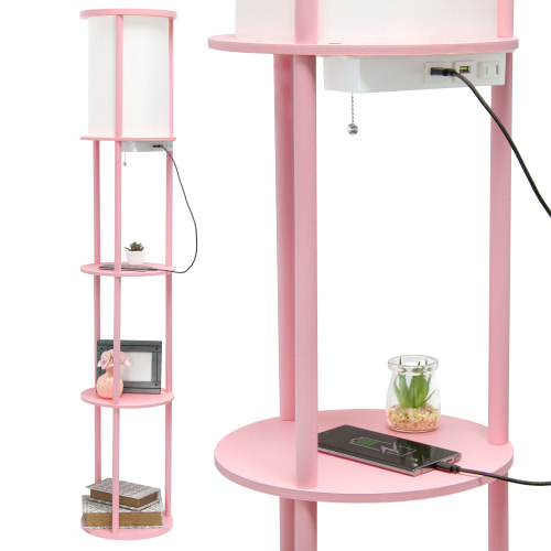 62.5" Round Modern Shelf Etagere Organizer Storage Floor Lamp With 2 Usb Charging Ports, Light Pink