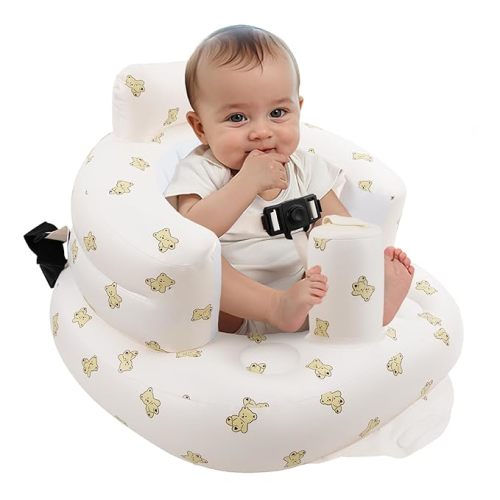 Inflatable Baby Seat with Harness for Babies 3 Months & Up, Baby Floor Chair for Sitting Up, Baby Seats for Infants, Blow Up Baby Chair with Built in Air Pump - Bear