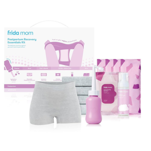 Frida Mom 11pc Postpartum Essentials Kit Gift Set, Hospital Bag Must Haves for New Mom, Includes 4 Disposable Postpartum Underwear, 4 Ice Maxi Pads, Perineal Healing Foam & 24 Pad Liners & Peri Bottle