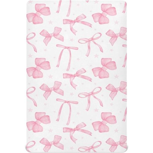 Coquette Watercolor Pink Bow Fitted Crib Sheets Stretchy Portable Playard Sheets for Baby Toddler, Breathable Soft Mini Crib Mattress 52 x 28 in for Boys and Girls