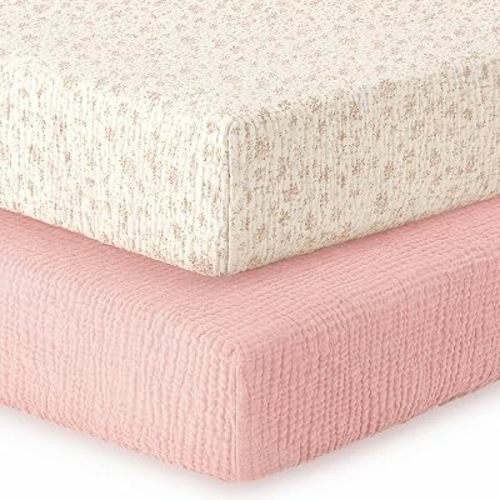 2 Pack Muslin Crib Sheets for Girl - Neutral Fitted Baby Crib Sheets for Standard Toddler Crib Mattress - 52” x 28” Soft Breathable Cotton Baby Bed Sheets - Dusty Pink & Floral