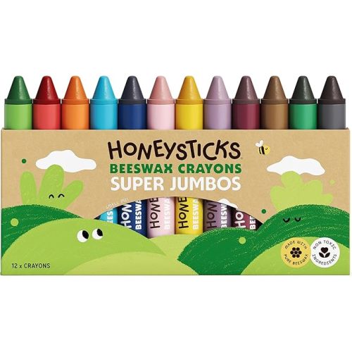 Honeysticks Super Jumbo Crayons (12 Pack) - 100% Pure Beeswax, Non Toxic Crayons for Toddlers 1-3, Extra Large Crayon Size, Easy to Hold and Use, Unbreakable Toddler Crayon, Eco-Friendly