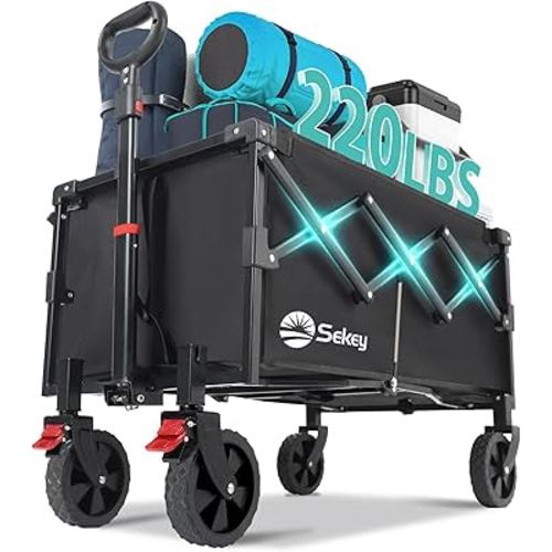 Sekey 220LBS Collapsible Wagon Heavy Duty Large Capacity, Foldable Wagon Cart with All-Terrain Wheels, Lightweight Folding Wagon for Grocery, Shopping. Black