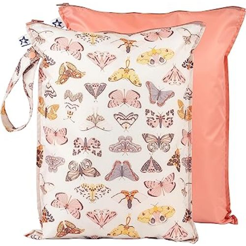 Tiny Twinkle Mess-proof Waterproof Wet Dry Bag | 2 Pack Reusable for Swimsuits, Gym & Baby Clothes | Leakproof Wet Clothes Bag, Beach Travel Essentials (Flutter)