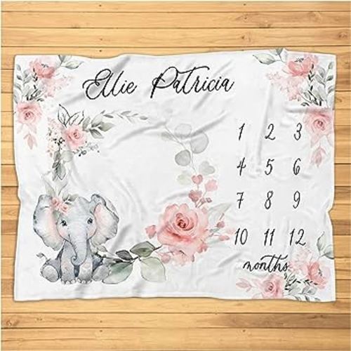 Elephant Monthly Blanket, Baby Month Blanket, Baby Girl Monthly Blanket Track Growth Keepsake Roses Floral Blanket, Blanket, Super Soft Plush Blanket for Baby for Kids