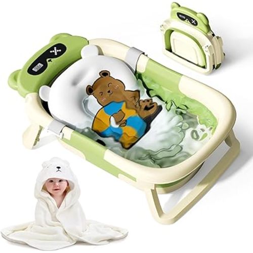 Collapsible Baby Bathtub for Newborn to Toddler (0-18 Months) - Foldable Baby Bath Tub with Soft Towel, Newborn& Infant Bathtub for Travel and Outdoor, Green